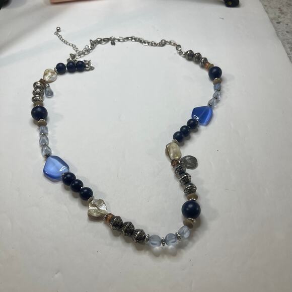 Chico's signed necklace long chunky chain link natural neutral blue tan boho - Picture 5 of 12